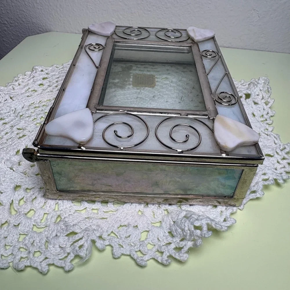 Vintage White Rectangular Jewelry Box Iridescent Hearts Stained Glass